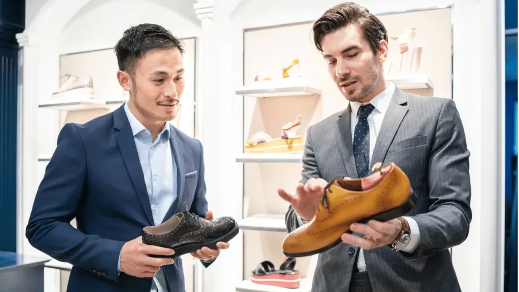 Vendedor mostrando um sapato para um cliente. Ambos são brancos e vestem terno.